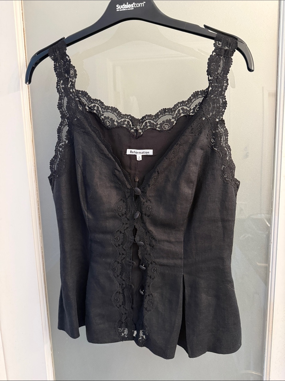 Reformation Black Lace-Trim Linen Button Up Camisole